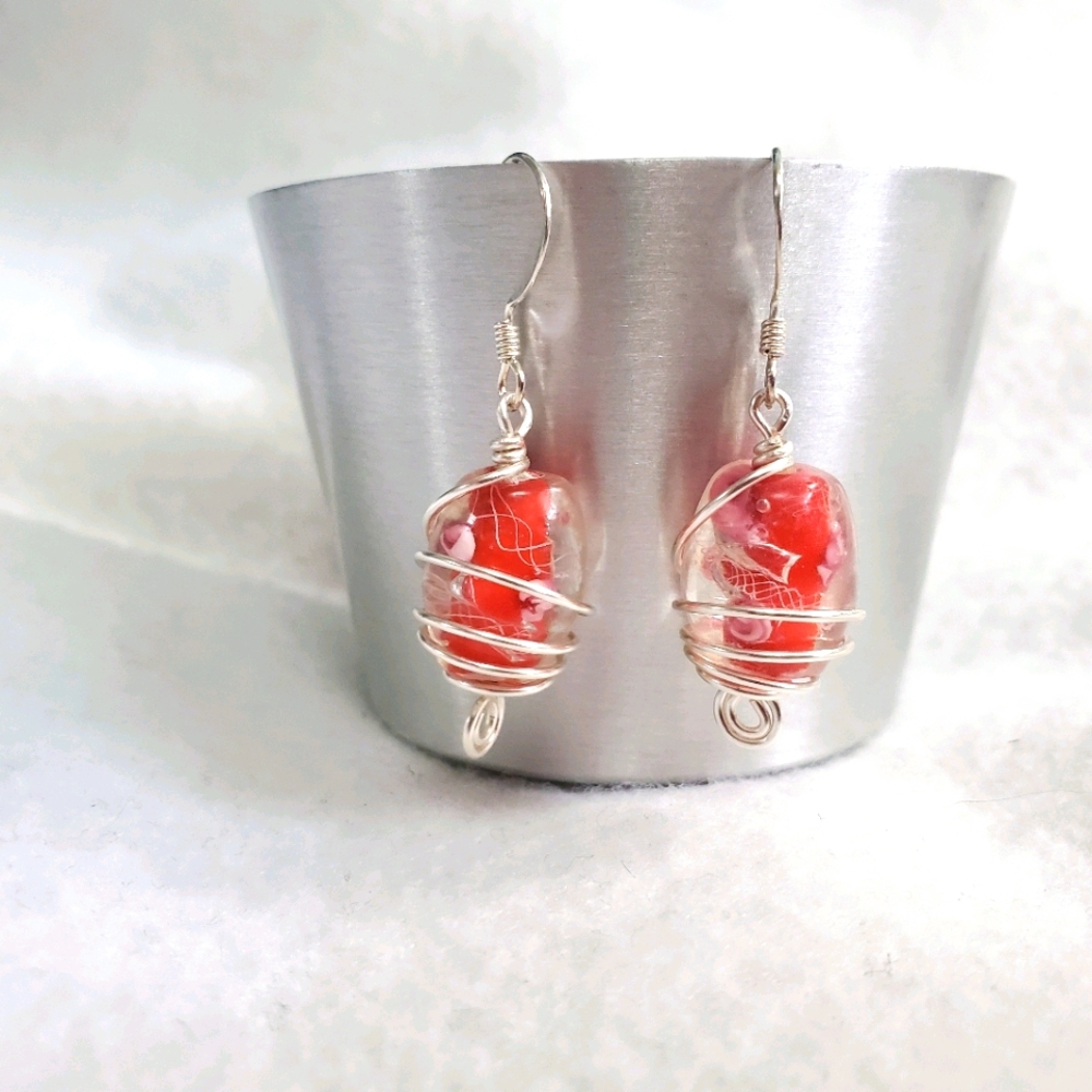 Red wire swirl lampwork earrings